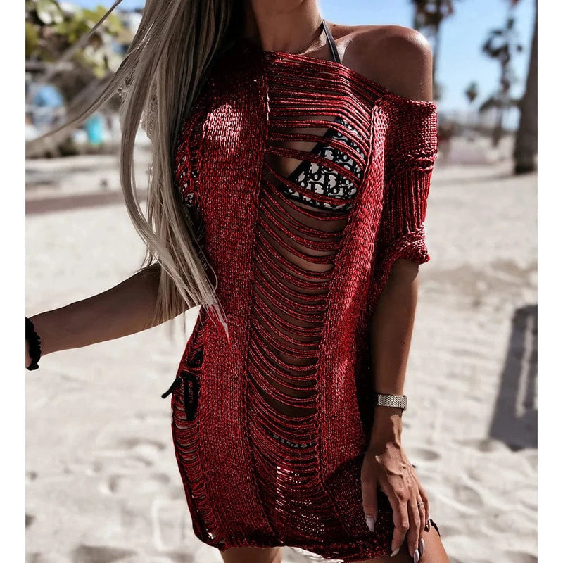 Boho Beach Hut Cover Up, Swimsuit Cover Up Sexy See Through Bikini Cover Up Red / S