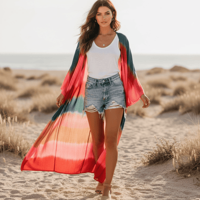 Boho Beach Hut Cover-Ups, Cardigan, Kimono Boho Beach Kimono Cover Up Red / S