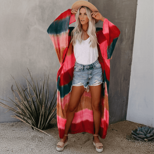 Boho Beach Hut Cover-Ups, Cardigan, Kimono Boho Beach Kimono Cover Up Red / S