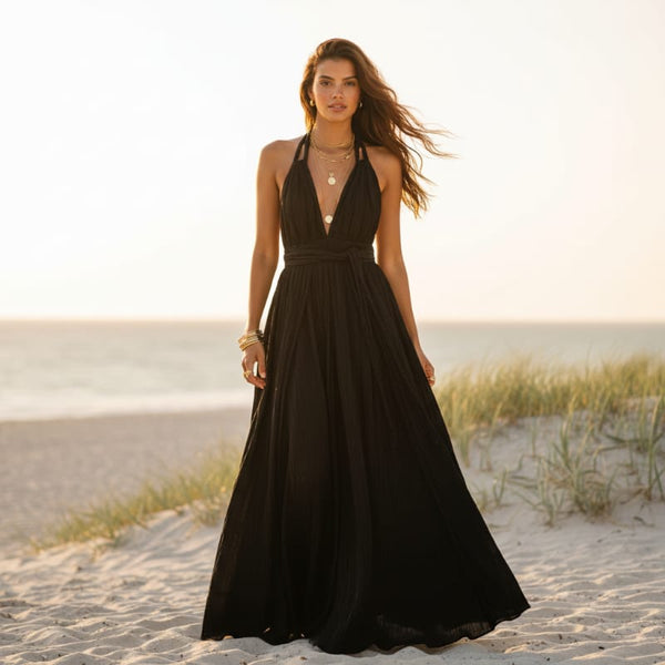 Boho Beach Hut Cover-Ups, Dress, Maxi Cover Up Dress, White Dress Boho Backless Bandage Maxi Dress Black / One Size