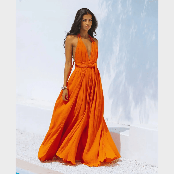 Boho Beach Hut Cover-Ups, Dress, Maxi dress Boho Backless Bandage Maxi Dress Orange Red / One Size