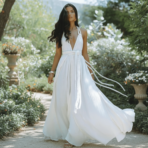 Boho Beach Hut Cover-Ups, Dress, Maxi dress Boho Backless Bandage Maxi Dress White / One Size