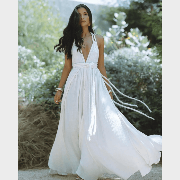 Boho Beach Hut Cover-Ups, Dress, Maxi dress Boho Backless Bandage Maxi Dress White / One Size