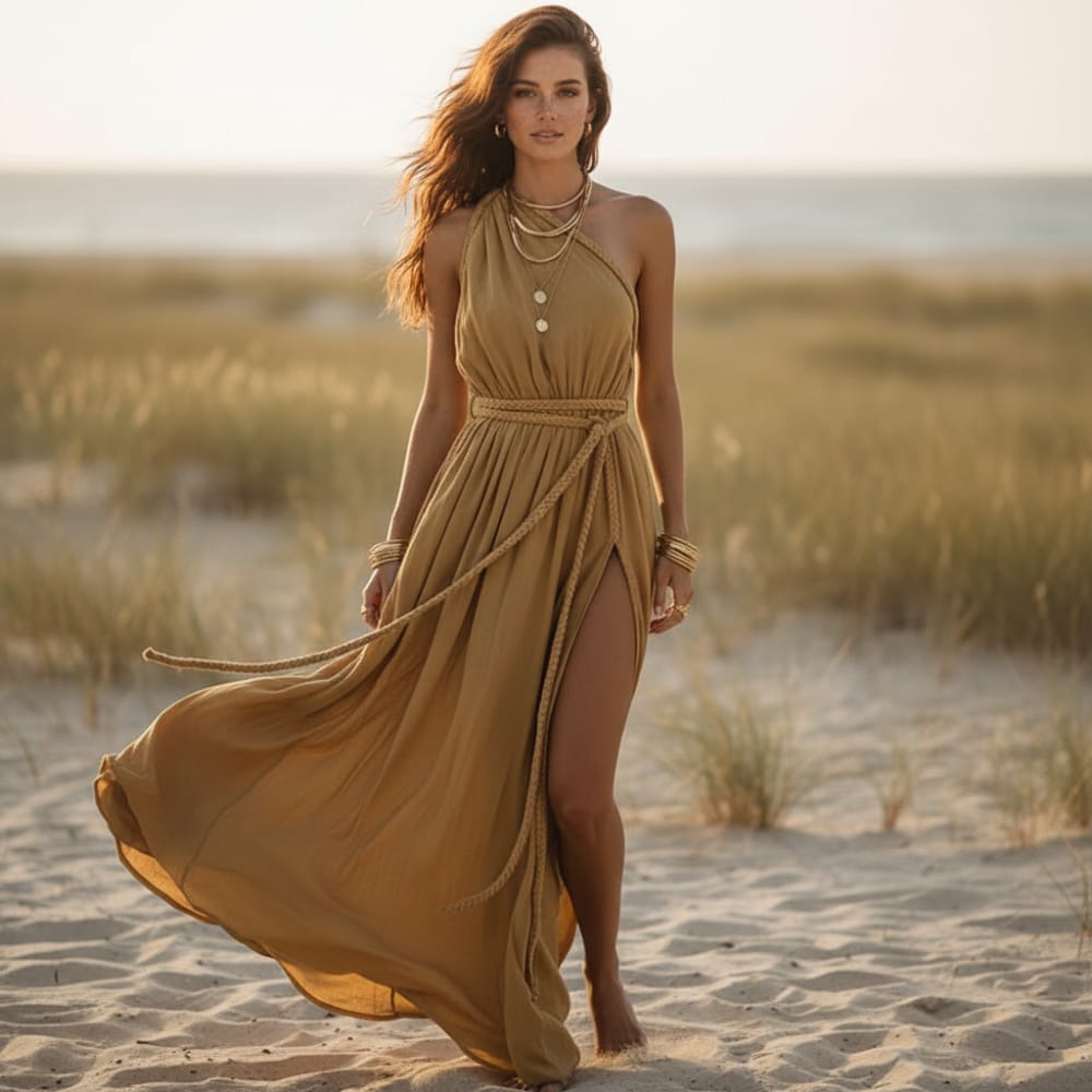 Boho Beach Hut Cover-Ups, Dress, Maxi dress Boho Beach Cover-Up Maxi Dress Khaki / One Size
