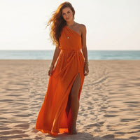 Boho Maxi Beach Dress One Shoulder Orange Red