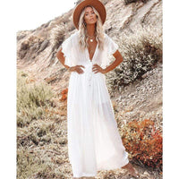Boho Beach Hut Cover-Ups, Dress, maxi dress, white dress, short sleeve dress, v neck dress, plus size dress Boho Beach Cover-Up Maxi Dress