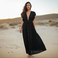 Boho Summer Beach Cover Up Dress Sheer Button-Up V-Neck Maxi Boho Beach Hut Boho Summer Beach Cover Up Dress Sheer Button-Up V-Neck Maxi Boho Beach Hut
