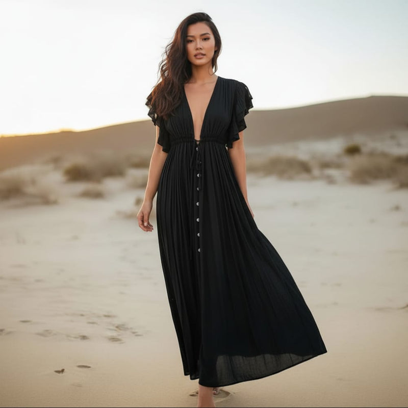 Boho Summer Beach Cover Up Dress Sheer Button-Up V-Neck Maxi in Blue | Women's Boho Fashion | One Size | Polyester Boho Summer Beach Cover Up Dress Sheer Button-Up V-Neck Maxi in Blue | Women's Boho Fashion | One Size | Polyester