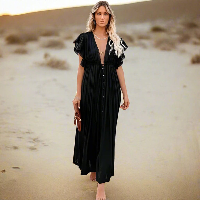 Boho Summer Beach Cover Up Dress Sheer Button-Up V-Neck Maxi Boho Beach Hut Boho Summer Beach Cover Up Dress Sheer Button-Up V-Neck Maxi Boho Beach Hut