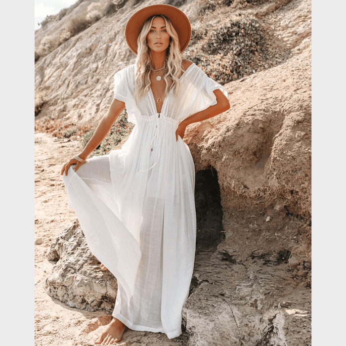 Boho Beach Hut Cover-Ups, Dress, maxi dress, white dress, short sleeve dress, v neck dress, plus size dress White / One Size Boho Beach Cover-Up Maxi Dress