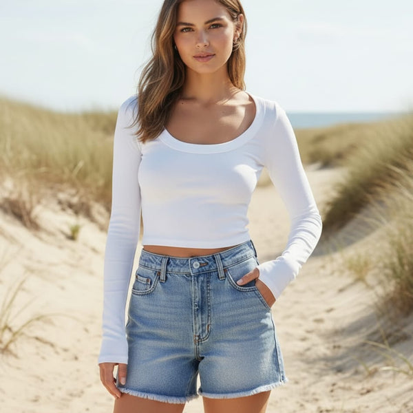 Boho Beach Hut Crop Top, Long Sleeve Shirt Long Sleeve Crop Top White / S