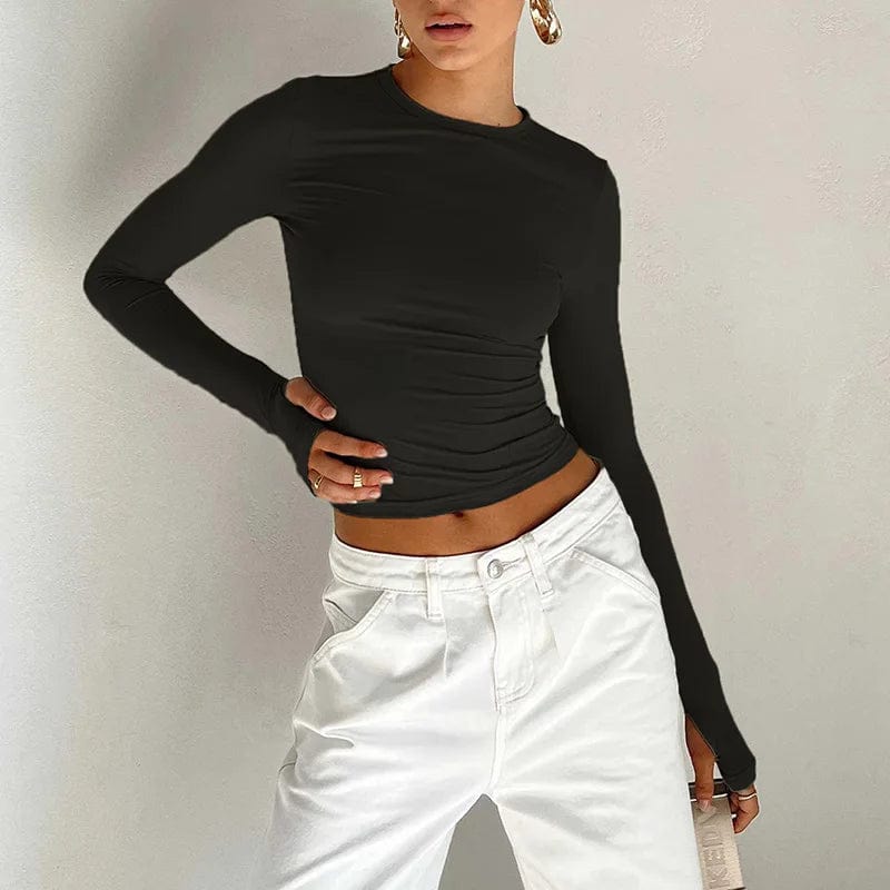 Boho Beach Hut Crop Top, Long Sleeve Shirt Long Sleeve Slim Fit Crop Top with Thumb Holes Black / S