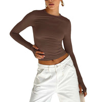 Boho Beach Hut Crop Top, Long Sleeve Shirt Long Sleeve Slim Fit Crop Top with Thumb Holes Brown / S