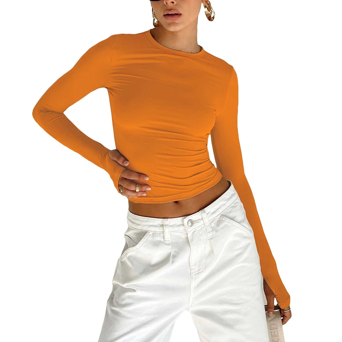 Boho Beach Hut Crop Top, Long Sleeve Shirt Long Sleeve Slim Fit Crop Top with Thumb Holes Orange / S