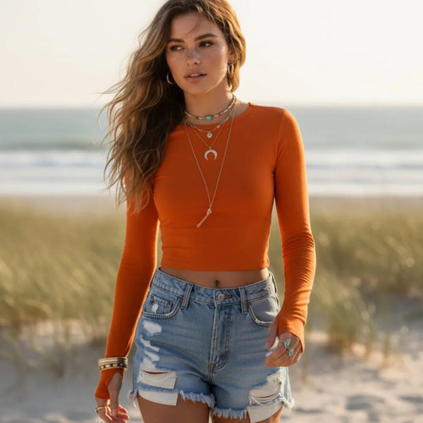 Boho Beach Hut Crop Top, Long Sleeve Shirt Long Sleeve Slim Fit Crop Top with Thumb Holes Orange / S