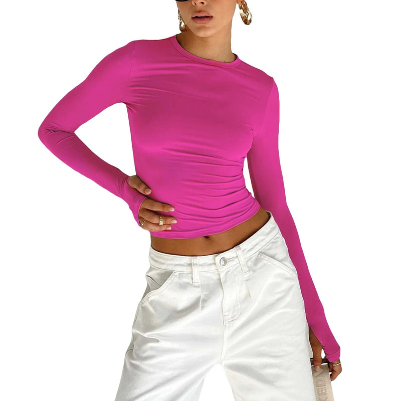 Boho Beach Hut Crop Top, Long Sleeve Shirt Long Sleeve Slim Fit Crop Top with Thumb Holes Pink / S