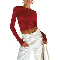 Boho Beach Hut Crop Top, Long Sleeve Shirt Long Sleeve Slim Fit Crop Top with Thumb Holes Red / S