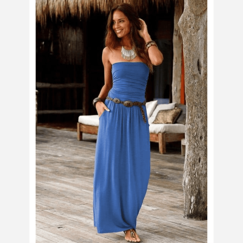 Boho Beach Hut Dress, Maxi Dress Blue / S Boho Chic Bandeau Off Shoulder Maxi Dress