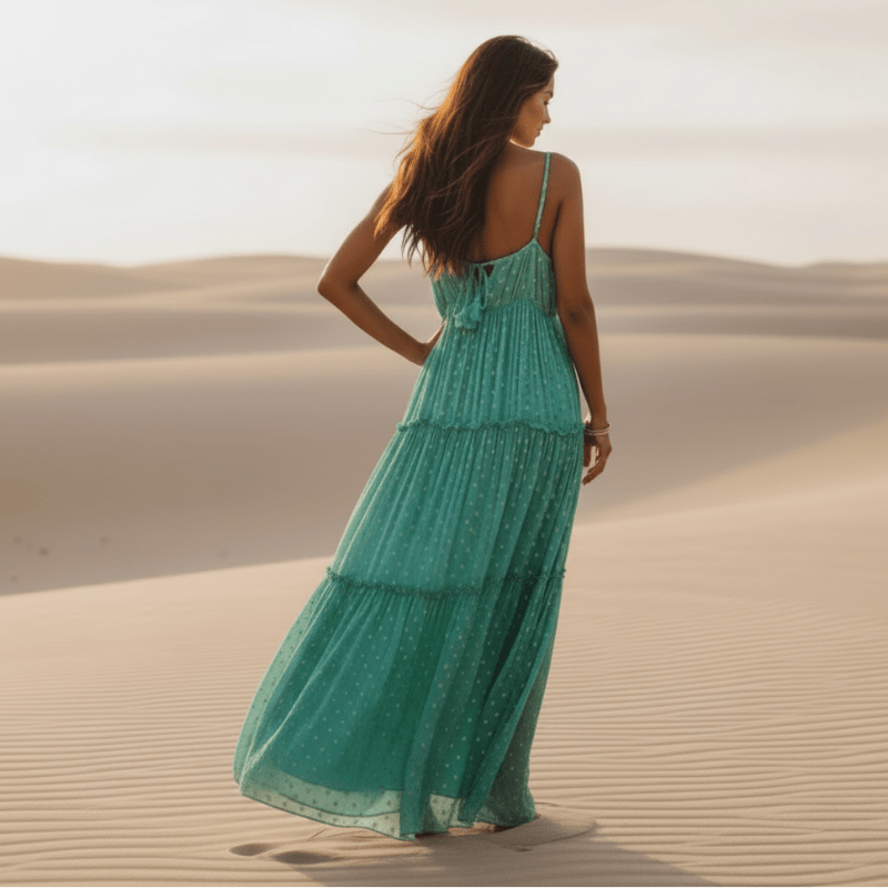 Bohemian Floral Maxi Sundress – Green V-Neck Dress with Adjustable