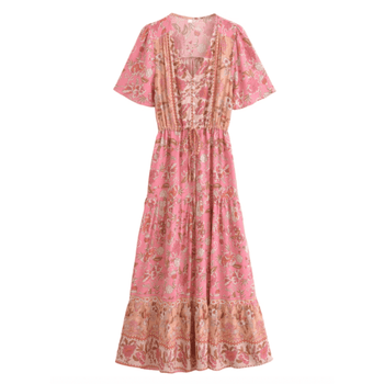 Boho Beach Hut Dress, Maxi Dress Bohemian Floral Print Long Dress
