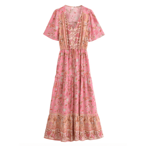 Boho Beach Hut Dress, Maxi Dress Bohemian Floral Print Long Dress