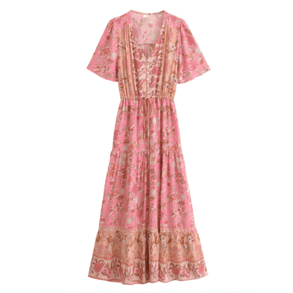 Boho Beach Hut Dress, Maxi Dress Bohemian Floral Print Long Dress
