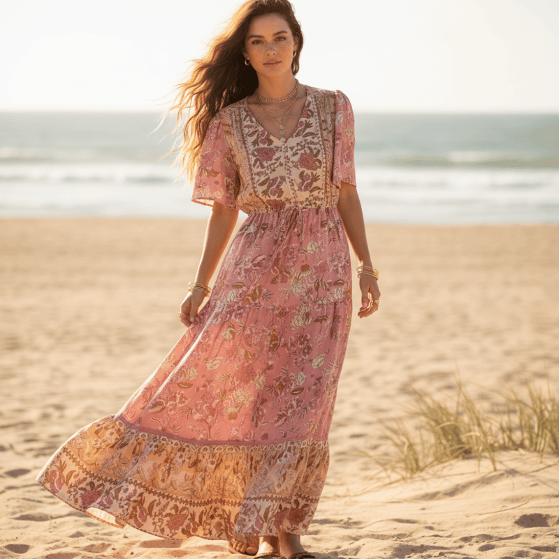 Bohemian Floral Print Long Dress Pink / S Bohemian Floral Print Long Dress Pink / S