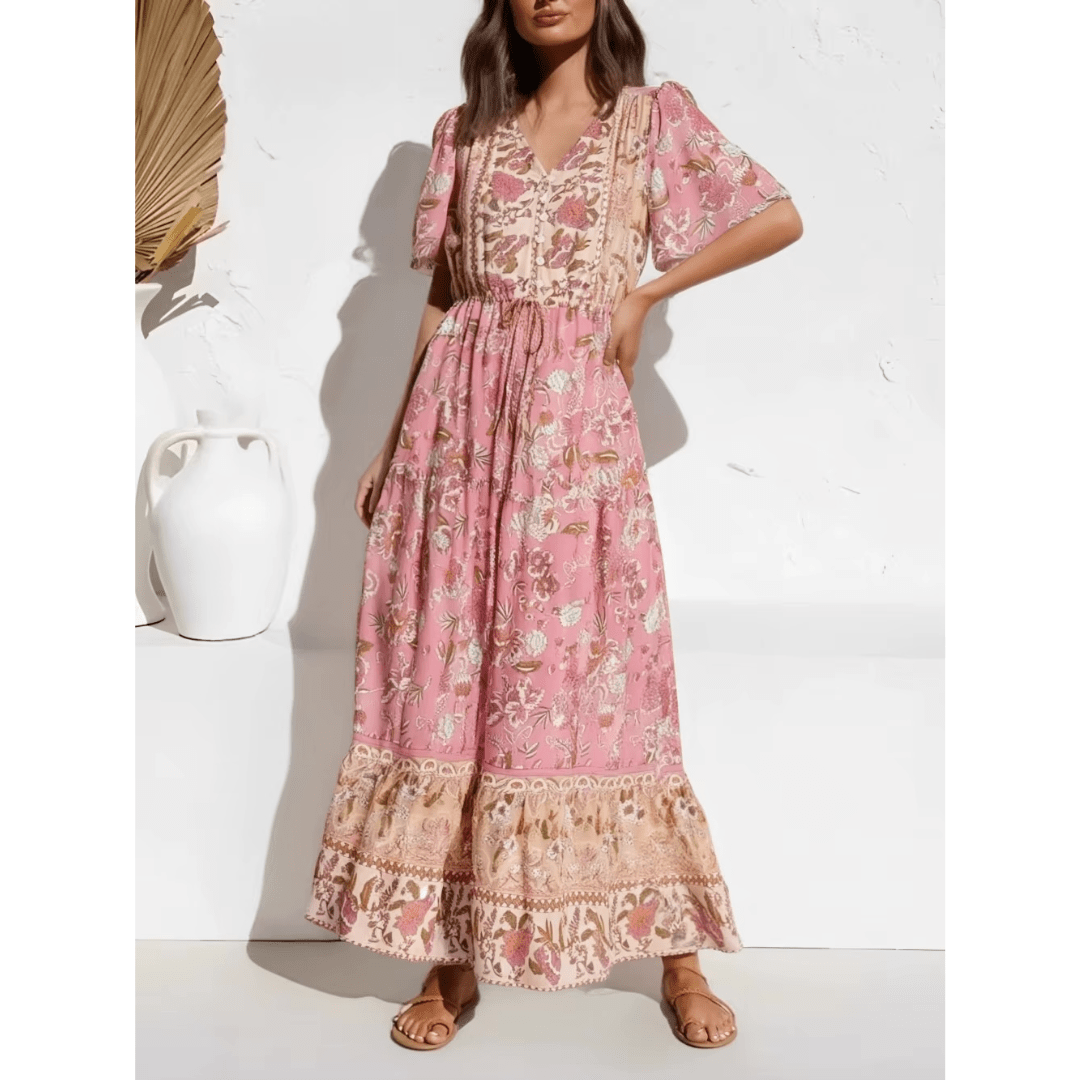 Boho Beach Hut Dress, Maxi Dress Bohemian Floral Print Long Dress Pink / S