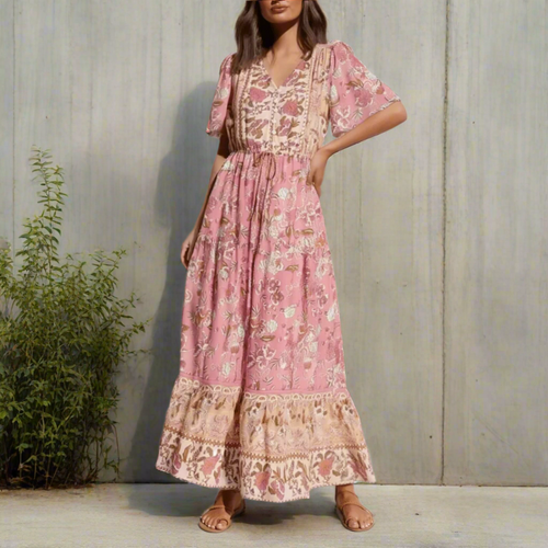 Boho Beach Hut Dress, Maxi Dress Bohemian Floral Print Long Dress Pink / S