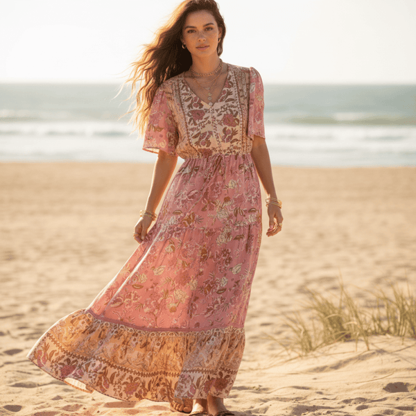 OSTOO Women's Floral Maxi Dress - Sleeveless Boho Dress With Empire Waist, Apricot Color