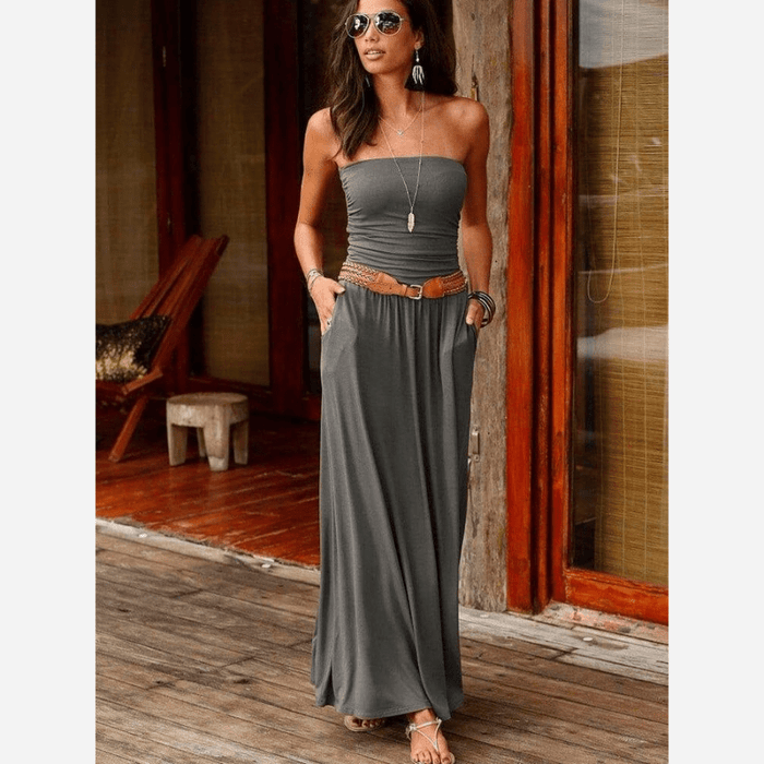 Boho Beach Hut Dress, Maxi Dress Boho Chic Bandeau Off Shoulder Maxi Dress Gray / S