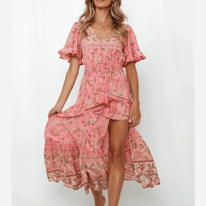 Boho Beach Hut Dress, Maxi Dress Boho Floral Print Long Dress Pink / S