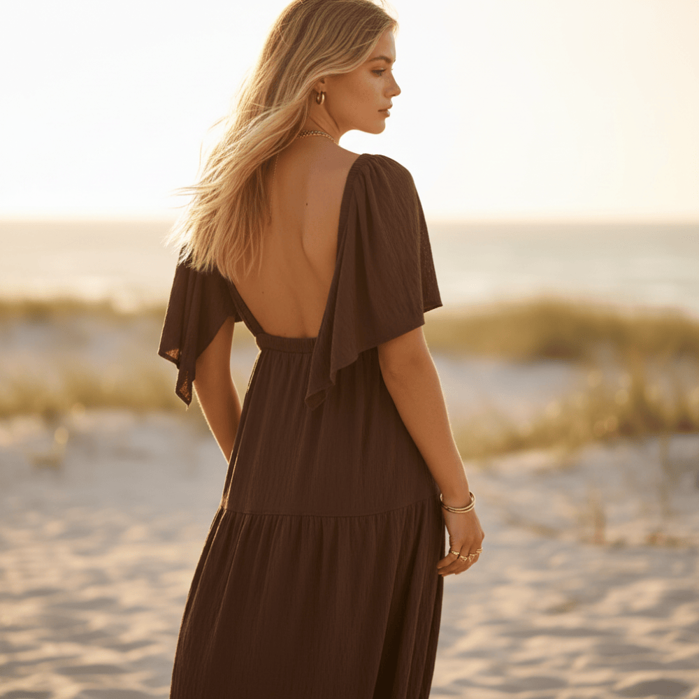 Bohemian Maxi Dress - Backless, V-Neck Long Dress for Women in Brown | Women's Boho Fashion | M