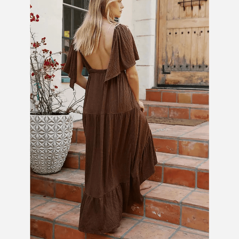 Boho Beach Hut Dress, Maxi Dress Boho V-Neck Backless Dress