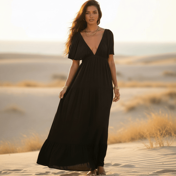 Bohemian Maxi Dress - Backless, V-Neck Long Dress for Women Women's Boho Fashion in Brown | M | Flared, A-line Bohemian Maxi Dress - Backless, V-Neck Long Dress for Women Women's Boho Fashion in Brown | M | Flared, A-line