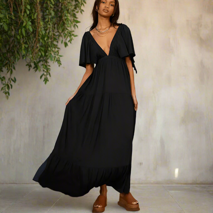 Boho Beach Hut Dress, Maxi Dress Boho V-Neck Backless Dress Black / S