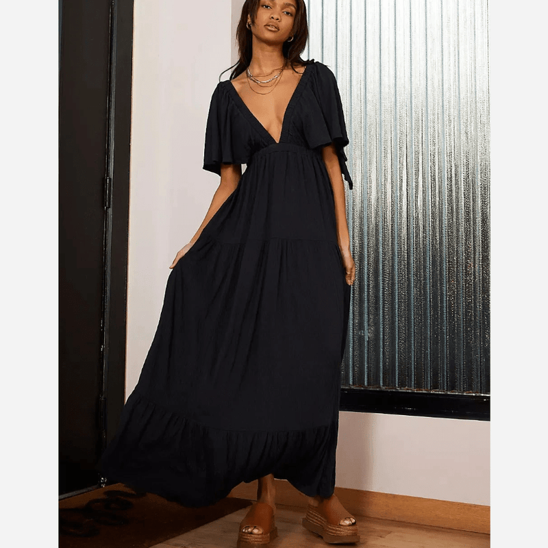 Boho Beach Hut Dress, Maxi Dress Boho V-Neck Backless Dress Black / S