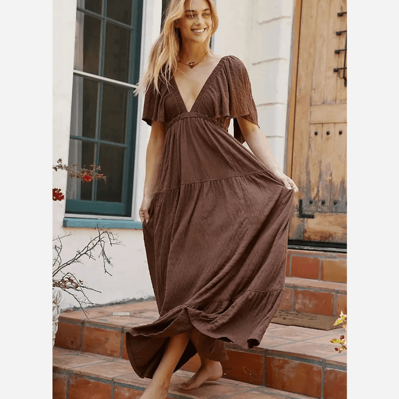 Bohemian Maxi Dress - Backless, V-Neck Long Dress for Women Boho Beach Hut Bohemian Maxi Dress - Backless, V-Neck Long Dress for Women Boho Beach Hut