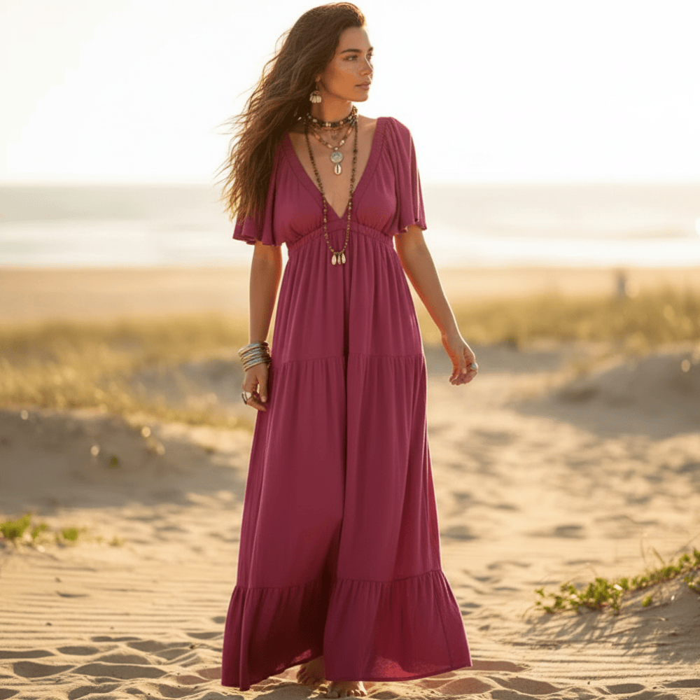 Maxi Dress Backless V-Neck Flared Pink