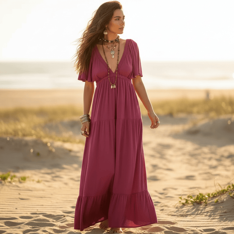 Maxi Dress Backless V-Neck Flared Pink