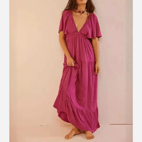 Boho Beach Hut Dress, Maxi Dress Boho V-Neck Backless Dress Dark Pink / S