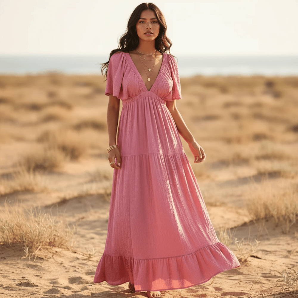 Bohemian Maxi Dress - Backless, V-Neck Long Dress for Women in Brown | Women's Boho Fashion | M | Polyester, Cotton, Synthetic, Lycra Bohemian Maxi Dress - Backless, V-Neck Long Dress for Women in Brown | Women's Boho Fashion | M | Polyester, Cotton, Synthetic, Lycra