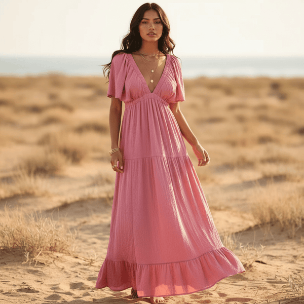 Boho Beach Hut Dress, Maxi Dress Boho V-Neck Backless Dress Pink / S
