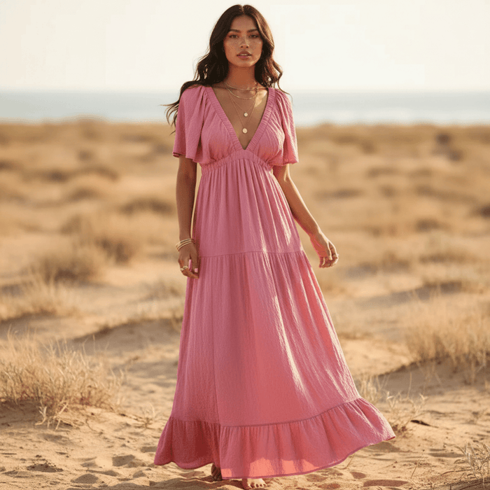 Pink backless V-neck maxi dress with short flutter sleeves, empire waist and flowy tiered A-line skirt