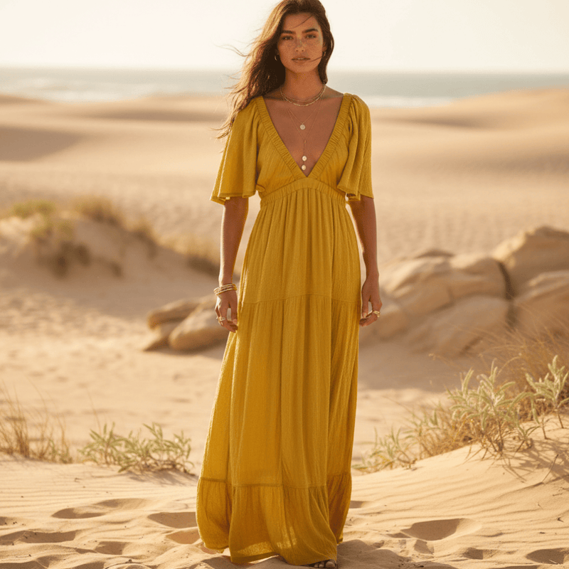 Maxi Dress Backless V-Neck Flared Pink