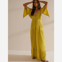 Boho Beach Hut Dress, Maxi Dress Boho V-Neck Backless Dress Yellow / S