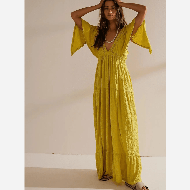 Bohemian Maxi Dress - Backless, V-Neck Long Dress for Women Boho Beach Hut Bohemian Maxi Dress - Backless, V-Neck Long Dress for Women Boho Beach Hut