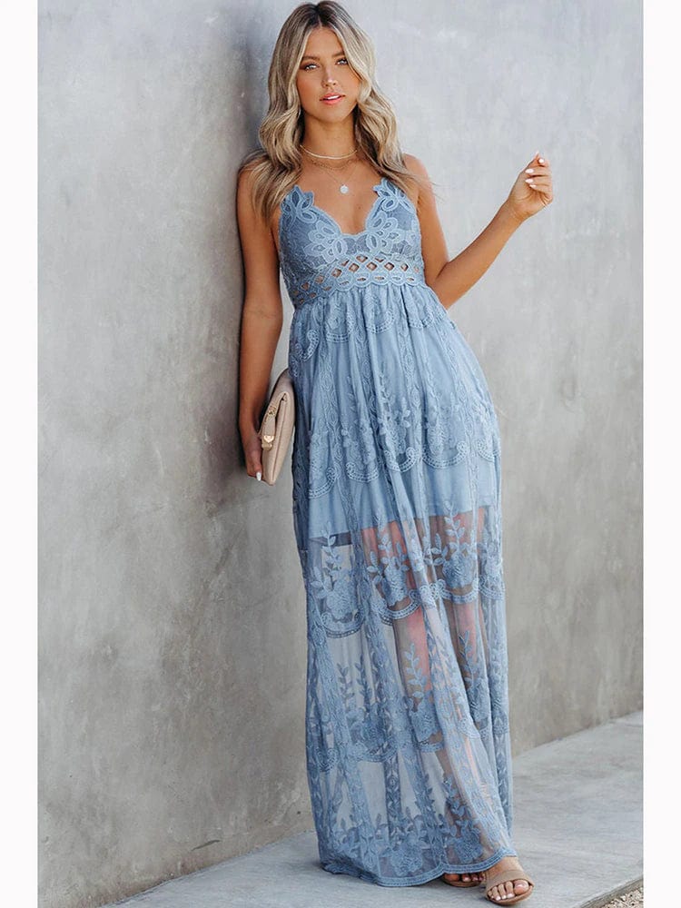 Boho Beach Hut Dress, Maxi Dress, Long Dress, Spaghetti Strap Dress, Beach Dress, Wedding Dress Blue / S Spaghetti Strap Lace Boho Maxi Dress