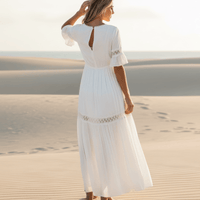 White Lace Boho Maxi Dress High Waist V-Neck with Ruffle Sleeves in White | Women's Boho Fashion | M | Rayon White Lace Boho Maxi Dress High Waist V-Neck with Ruffle Sleeves in White | Women's Boho Fashion | M | Rayon