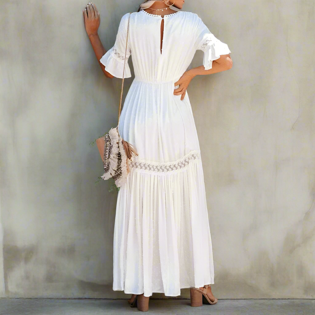 Boho Beach Hut Dress, Maxi Dress White Lace High Waist Boho Maxi Dress